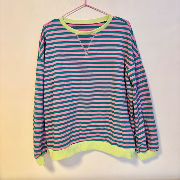 Oversized Casual Crew Neck Long Sleeve Sweater Contrast Pink Green Stripes Large - Picture 2 of 3